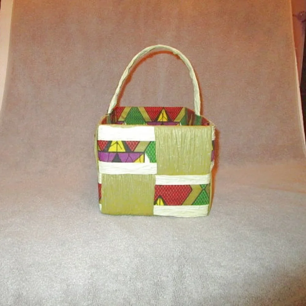 Vtg Time Crafters Basket Raffia Patchwork Beads Hand Woven Lined Colorful Boho